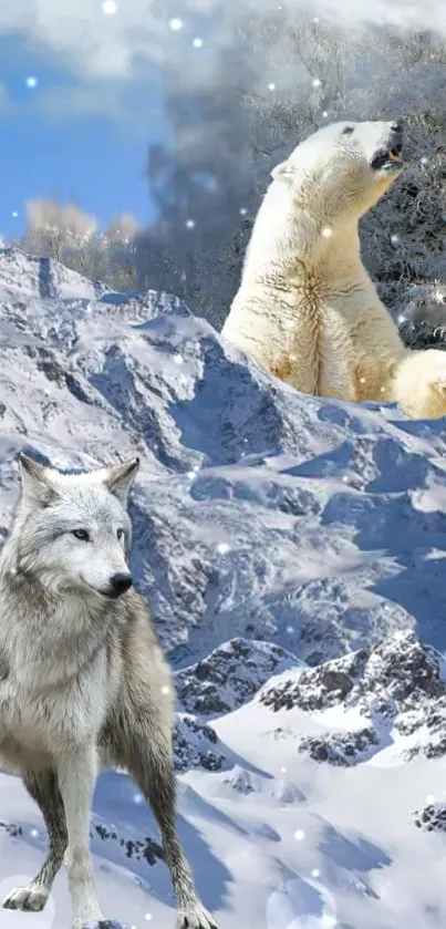 Winter wildlife with wolf and polar bear on snowy mountains.