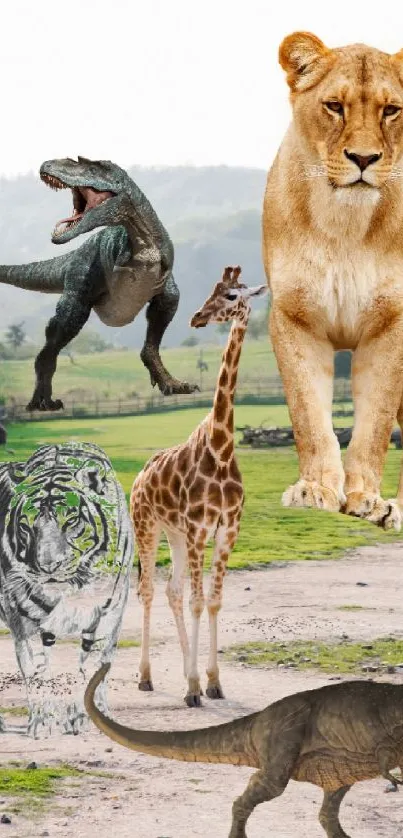 Collage of wildlife and dinosaur in natural landscape.