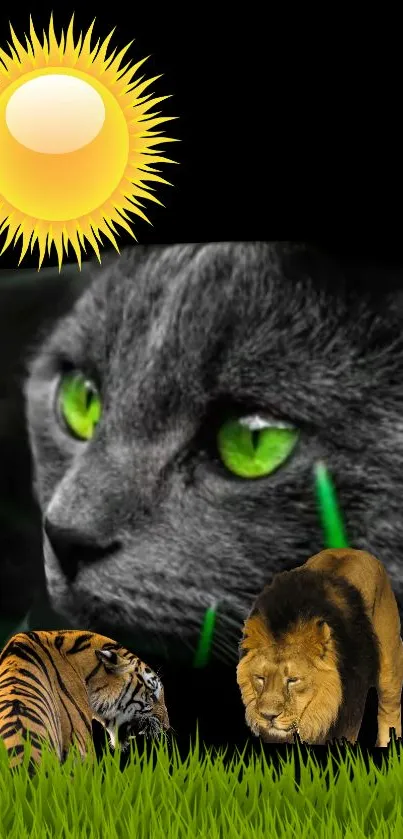 A mobile wallpaper with a cat, lion, tiger, and a sun on a black background.