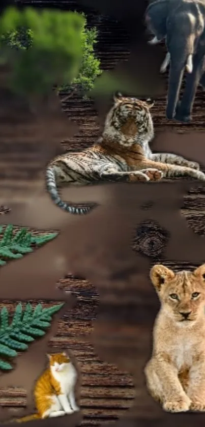 Wildlife wallpaper with tiger, elephant, lion cub, and fern on wood texture.