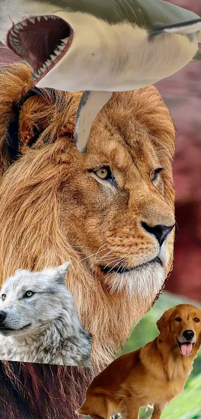 Wildlife collage wallpaper with a lion, wolf, shark, and dog on a nature background.