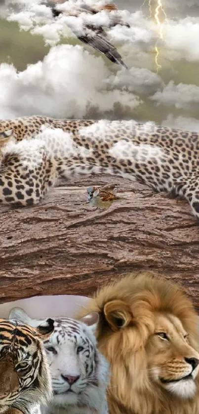 Collage of wild animals on a tree with a cloudy sky in the background.