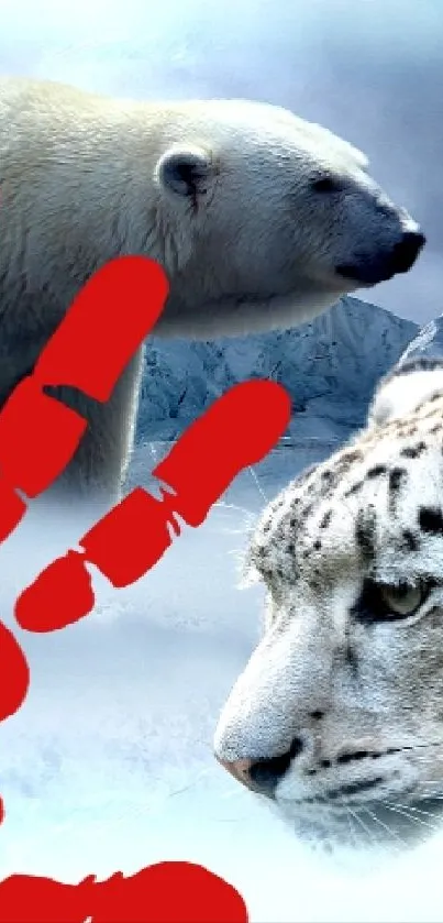 Wildlife collage wallpaper with polar bear, snow leopard, and red handprint.