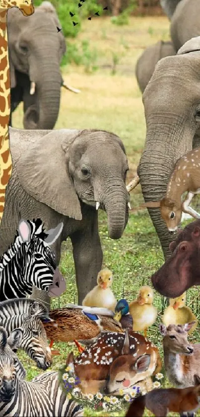 Collage of elephants, giraffes, zebras, ducks on a green field.