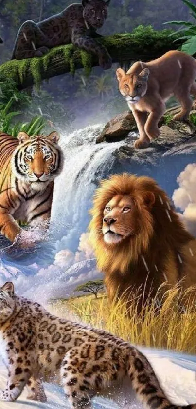 Majestic predators and waterfall in wildlife wallpaper.