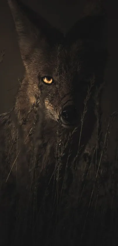 Majestic coyote with piercing eyes amidst tall grass in a dark, natural setting.