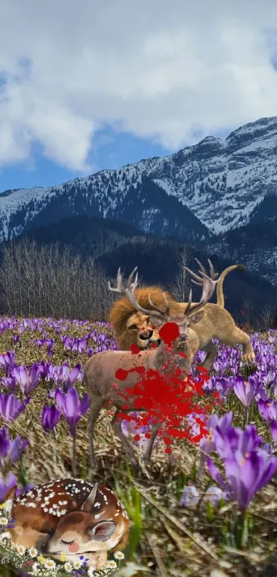 Lion and deer in a purple flower field with mountain backdrop.