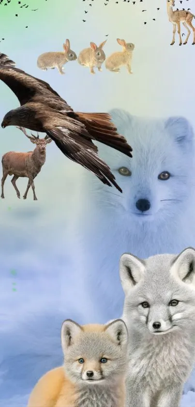Fantasy wildlife wallpaper with foxes, eagle, and forest animals in blue tones.
