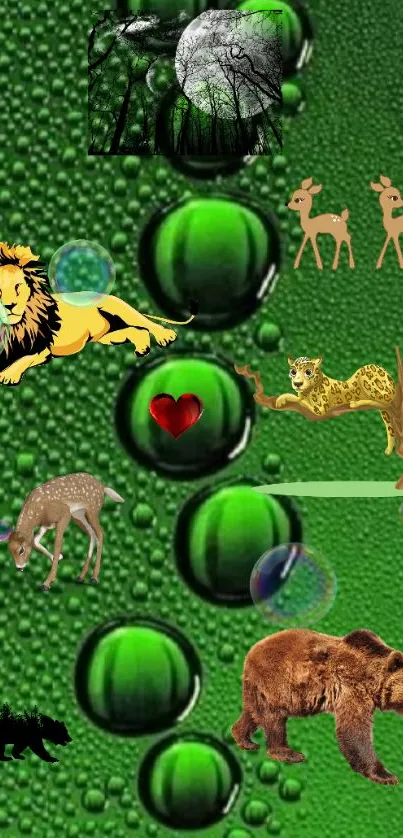 Fantasy wildlife wallpaper with animals on a green textured background.