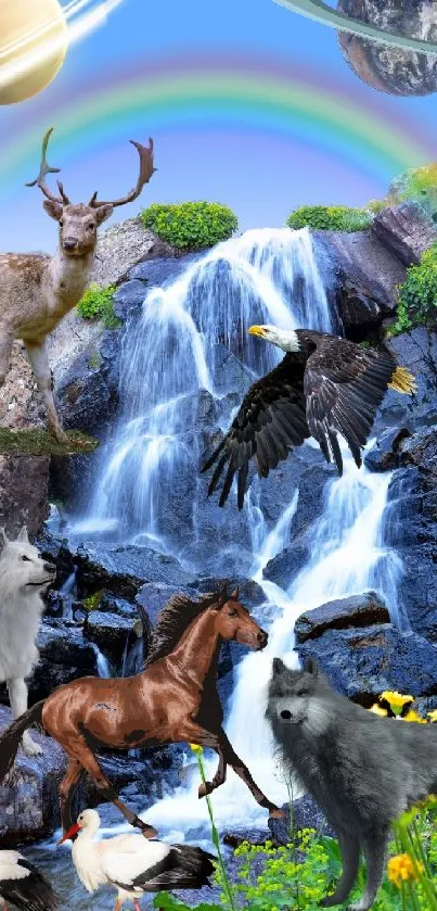 Fantasy wildlife wallpaper with animals, waterfall, and planets.