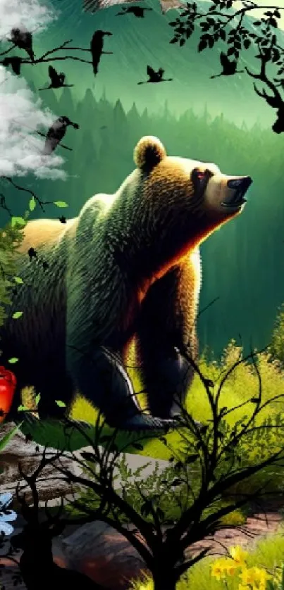 Bear in vibrant forest with birds and deer, nature wallpaper.