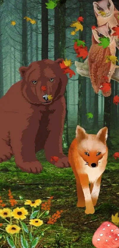 Forest wildlife wallpaper with bear, fox, owls, and flowers in dark woods.