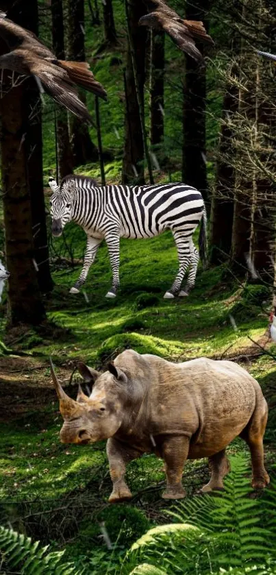 Wallpaper of wildlife in a lush forest with various animals.