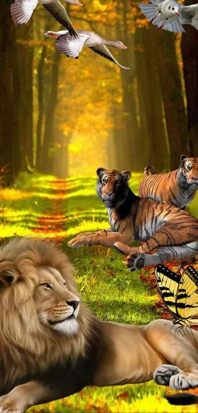 Lion, tigers, birds on forest path wallpaper.