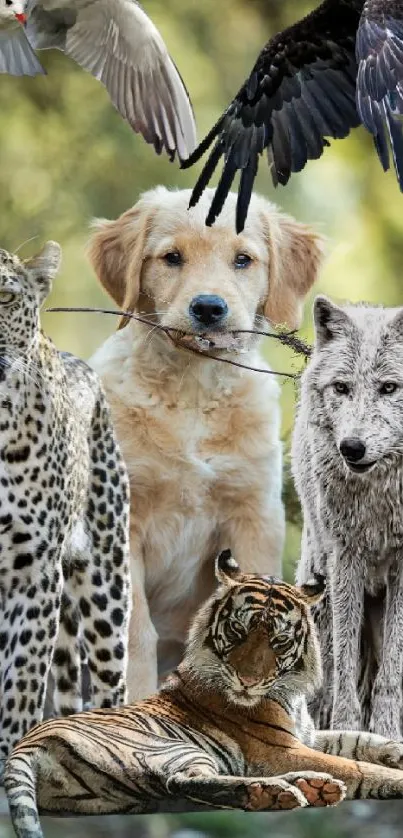 A wildlife collage with a dog, leopard, tiger, wolf, eagle, and bird in a forest setting.