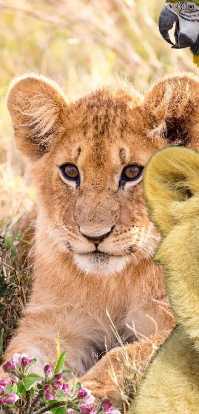 Lion cub and parrot among green foliage and flowers.