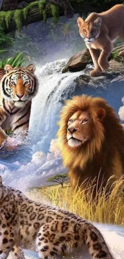 Majestic wildlife wallpaper with lion, tiger, and leopard.