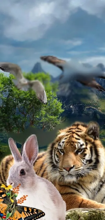 A wildlife scene with a tiger, rabbit, and birds under a blue sky and mountains.