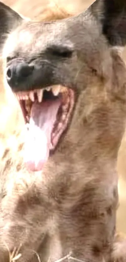 Close-up image of a hyena yawning in its natural habitat.