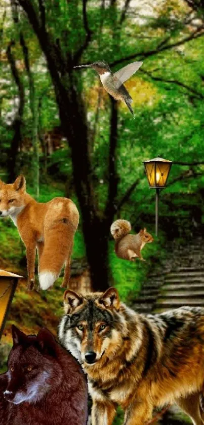 Wildlife and lanterns in a vibrant forest.