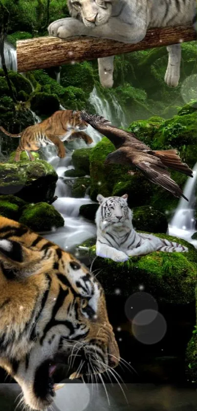 Jungle wallpaper with tigers and an eagle by a waterfall.