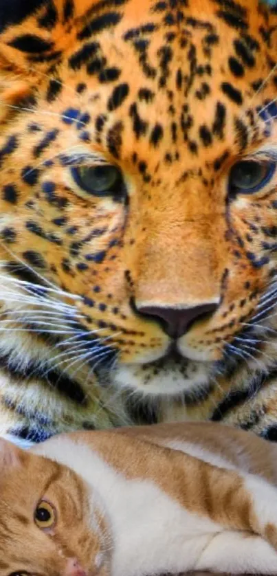 Leopard's intense gaze above a relaxed domestic cat.