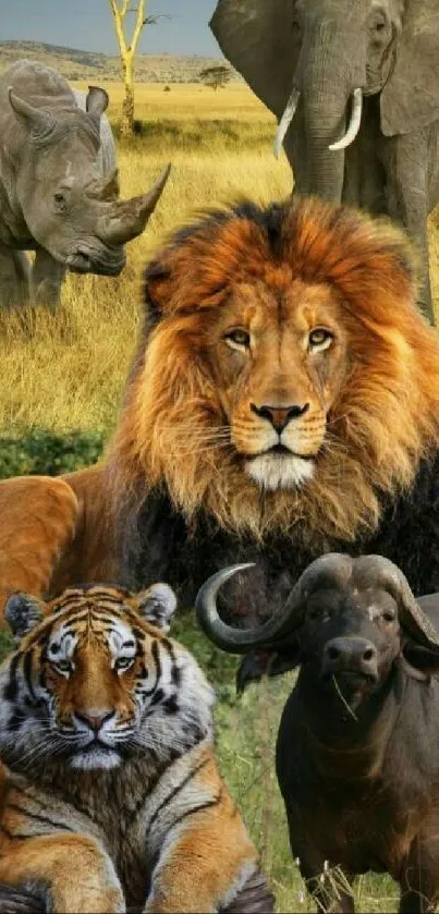 Majestic safari animals gathered in vibrant, natural setting.