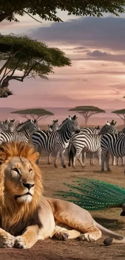 Lion, zebras, and peacock in a safari landscape during sunset.