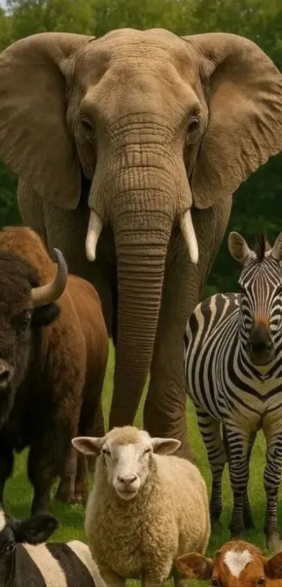 A diverse group of animals including an elephant, zebra, and sheep in a safari setting.