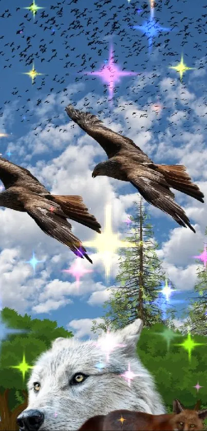 Wildlife wallpaper with wolf, birds, trees, and sky.