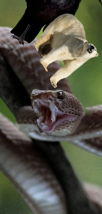 Snake, sloth, and bird in a dramatic nature scene.