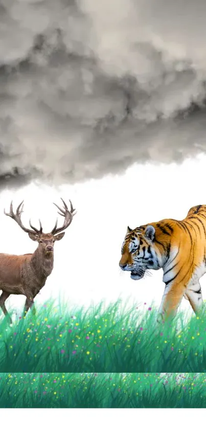 Tiger and deer in a lush green meadow under stormy clouds.