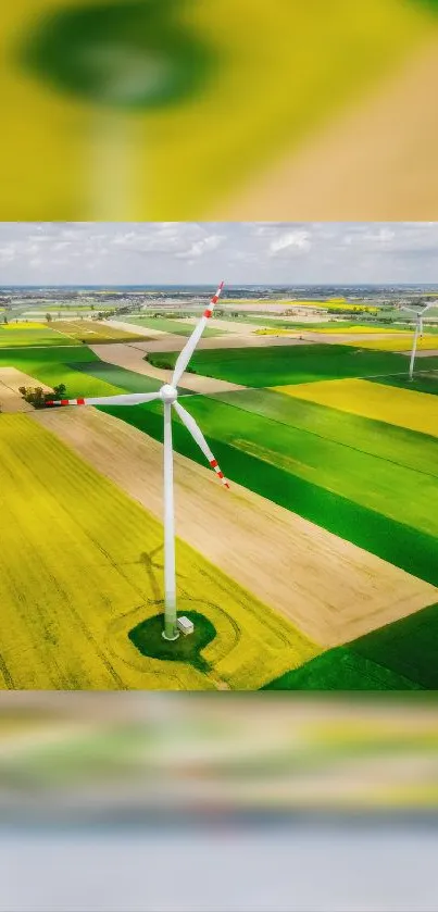 Aerial view of wind turbine in green fields.