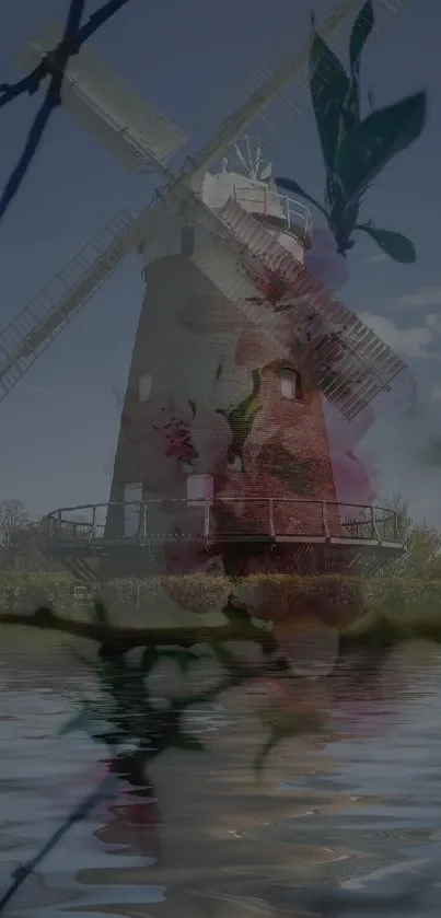 Vintage windmill with floral reflections on calm water under a clear sky.