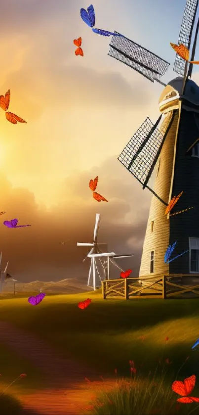 Scenic mobile wallpaper featuring windmills at sunset in a serene landscape.