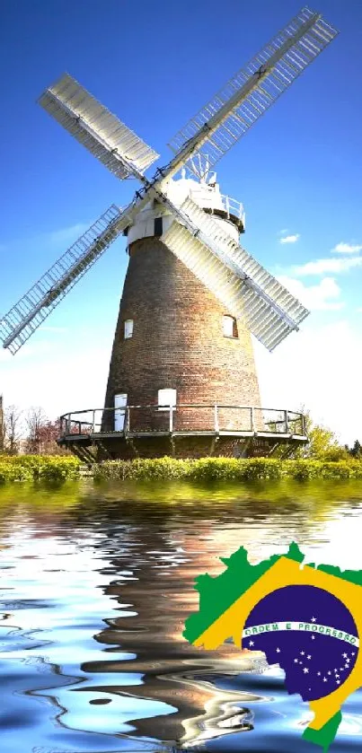 Windmill with reflection and Brazilian flag enhanced wallpaper.