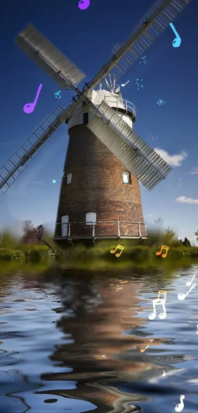 Windmill with musical notes over a reflective landscape.