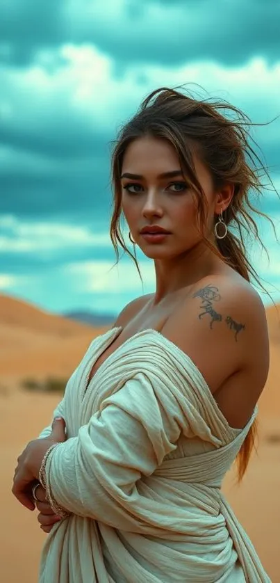 A woman in a desert with windswept hair and cloudy sky.
