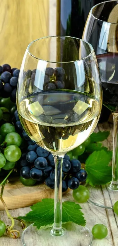 Two wine glasses with grapes and a barrel on a wooden table.