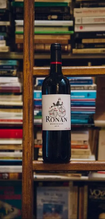 A wine bottle on a library shelf with books and a wooden ladder.