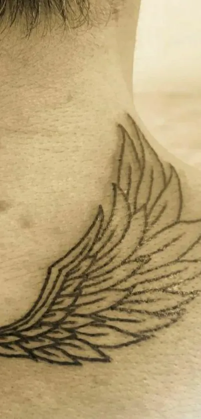 Wing tattoo on a neck mobile wallpaper with a beige background.