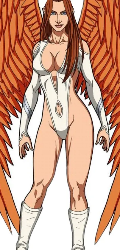 Stunning winged angelic character with vibrant orange wings and sleek white attire.