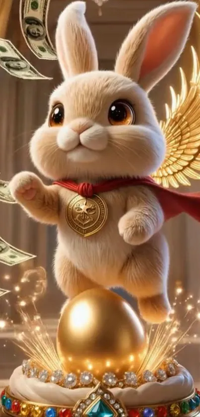 Whimsical winged bunny with golden wings and red cape in fantasy setting.