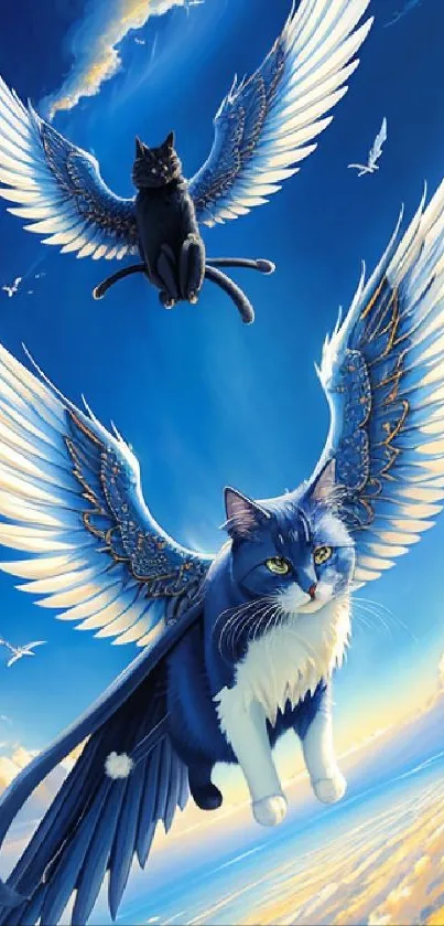 Fantasy cats with wings soar through a vibrant blue sky.