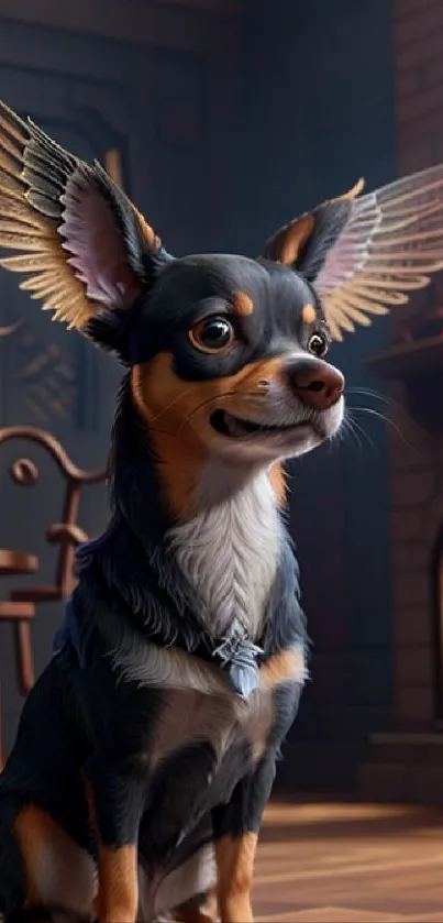 Winged Chihuahua sitting in a cozy room with warm lighting and a fireplace.