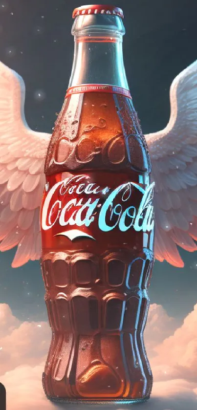 Winged cola bottle against a cloudy sky background in fantasy style.