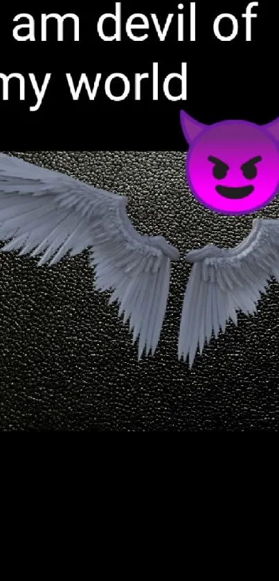 Dark wallpaper with wings and a purple devil emoji.