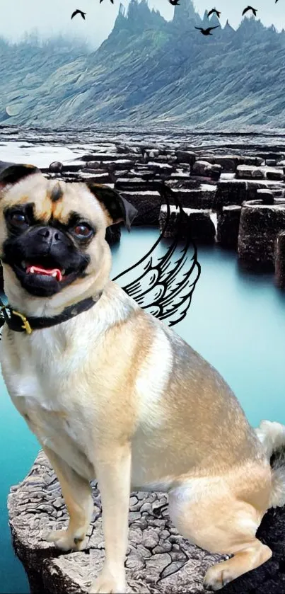 Pug with wings on basalt columns by blue lake.