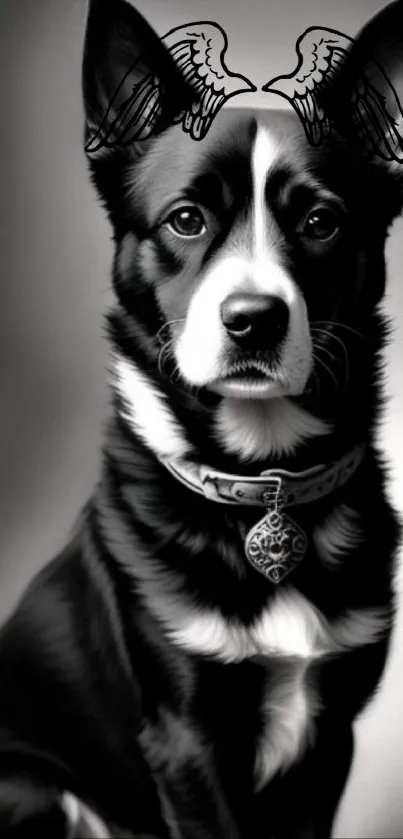 Black and white artistic dog with wings design.