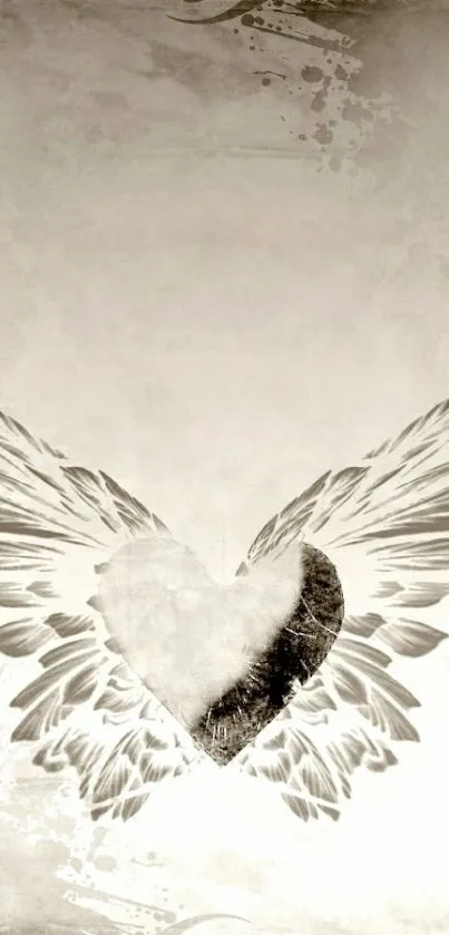 Abstract winged heart in sepia tones on a phone wallpaper.